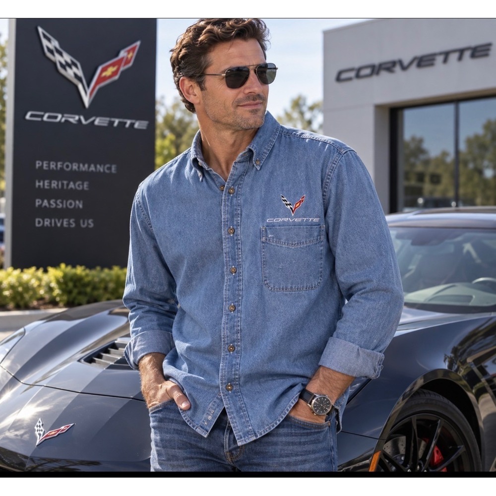 Corvette C7 Harriton Denim Shirt Men's M Embroidered Crossed Flags Cotton Jean